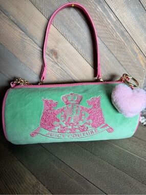 ADORABLE JUICY COUTURE RETRO GREEN SCOTTISH DOGS ROLL BAG PINK TRIM NWOT💚